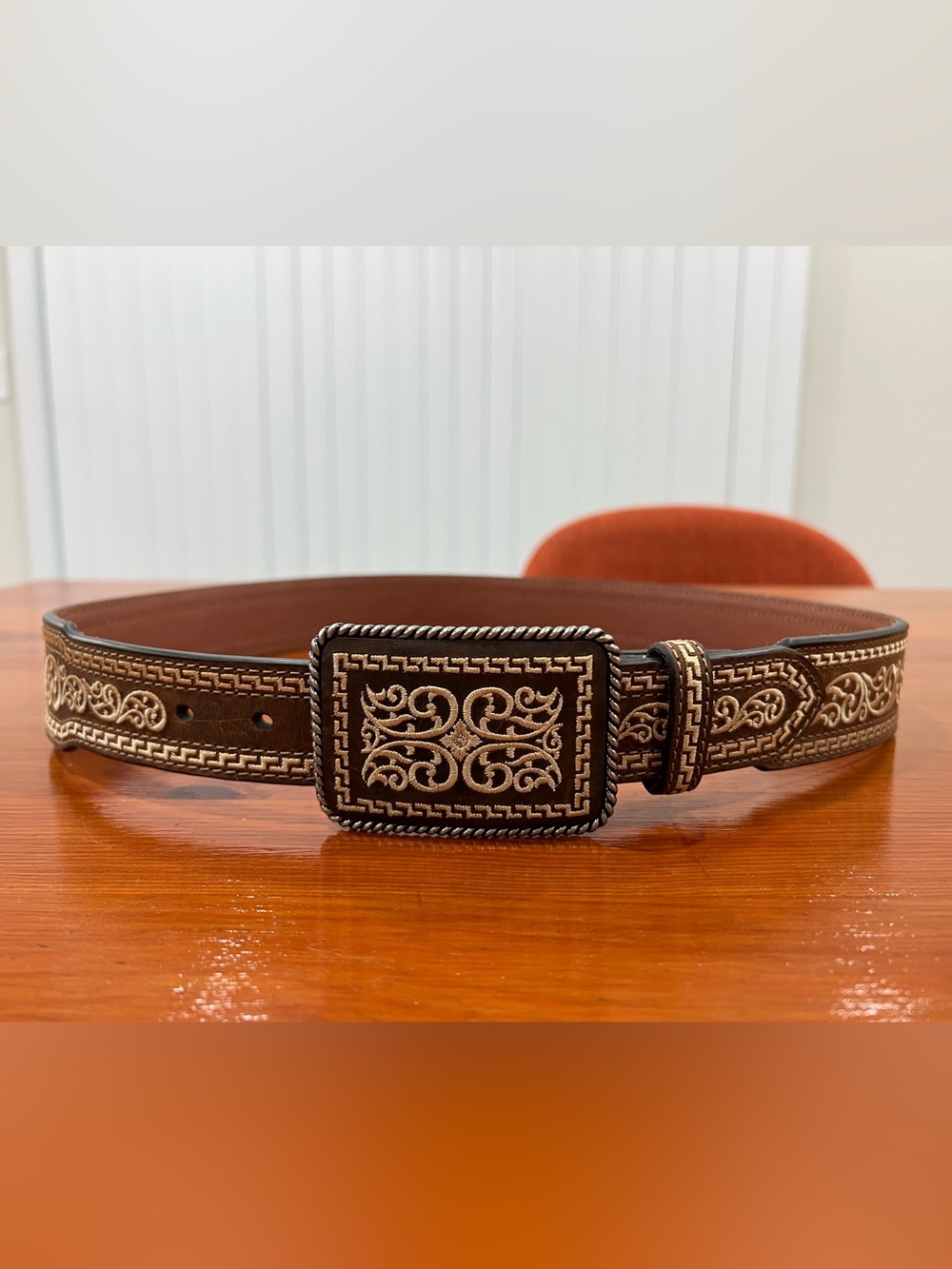 New Nocona Brown Leather Belt with Cream Embroidered Scroll Buckle